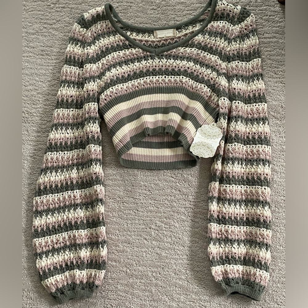 XS Altar’d State Striped Knit Sweater. Olive green, light purple, and beige.